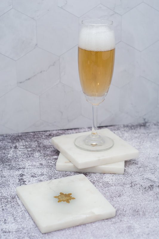 White & Gold Square Marble Coasters (Set of 4)