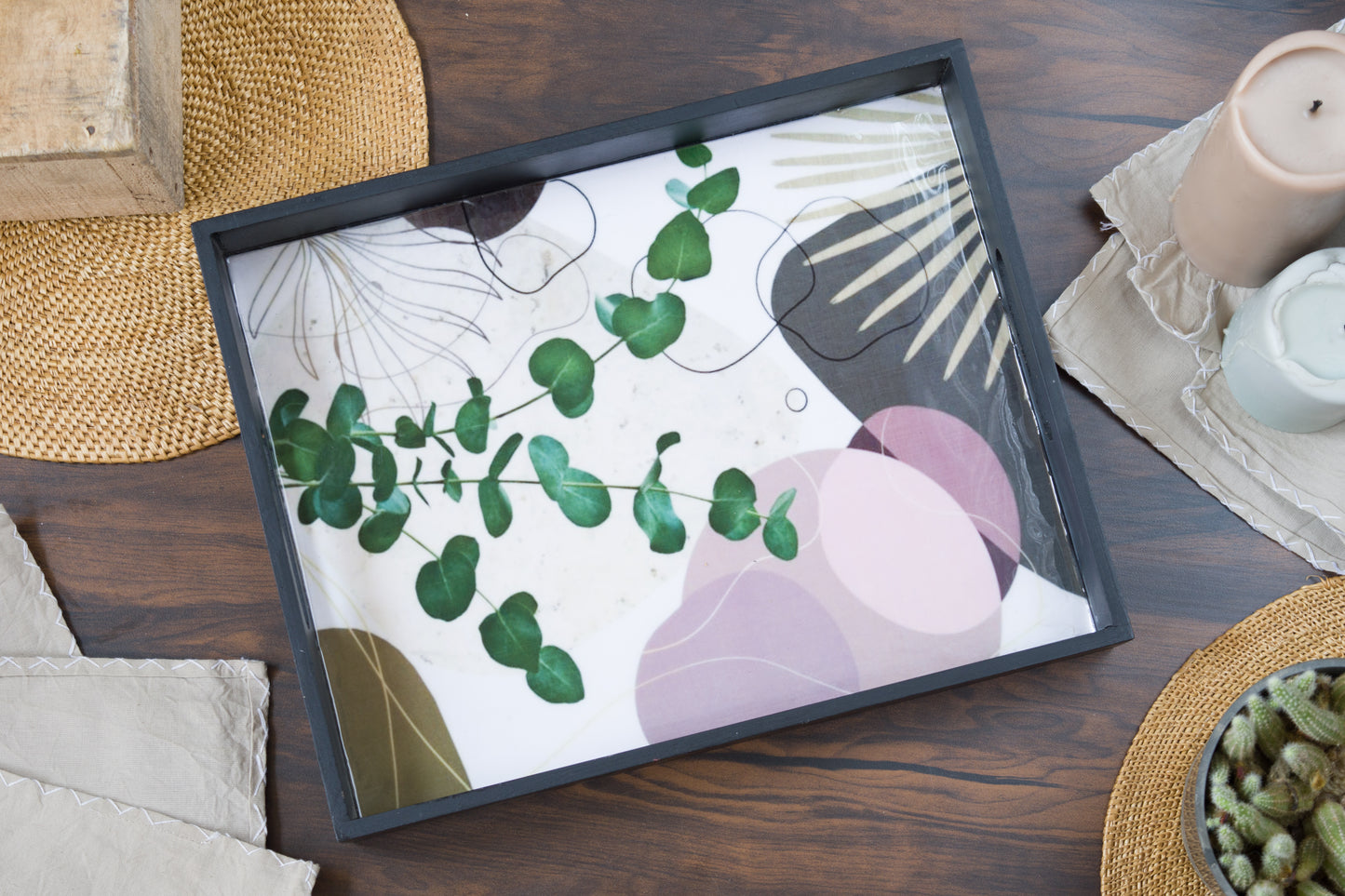 White Mdf Wood Printed Floral Tray