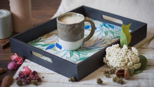 Green Mdf Wood Printed Leaf Rectangle Shaped Tray