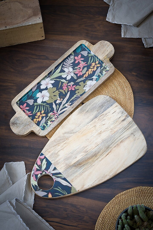 Grey Mango Wood Printed Floral And Bird Chopping Board and Platter