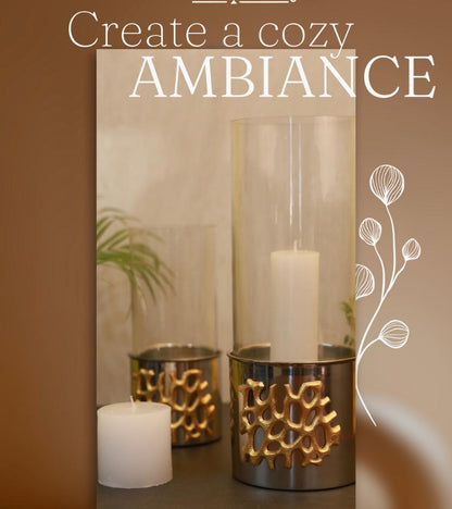 Silver Metal Abstract And Glass Candle Holder Set