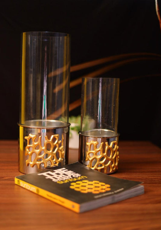 Silver Metal Abstract And Glass Candle Holder Set