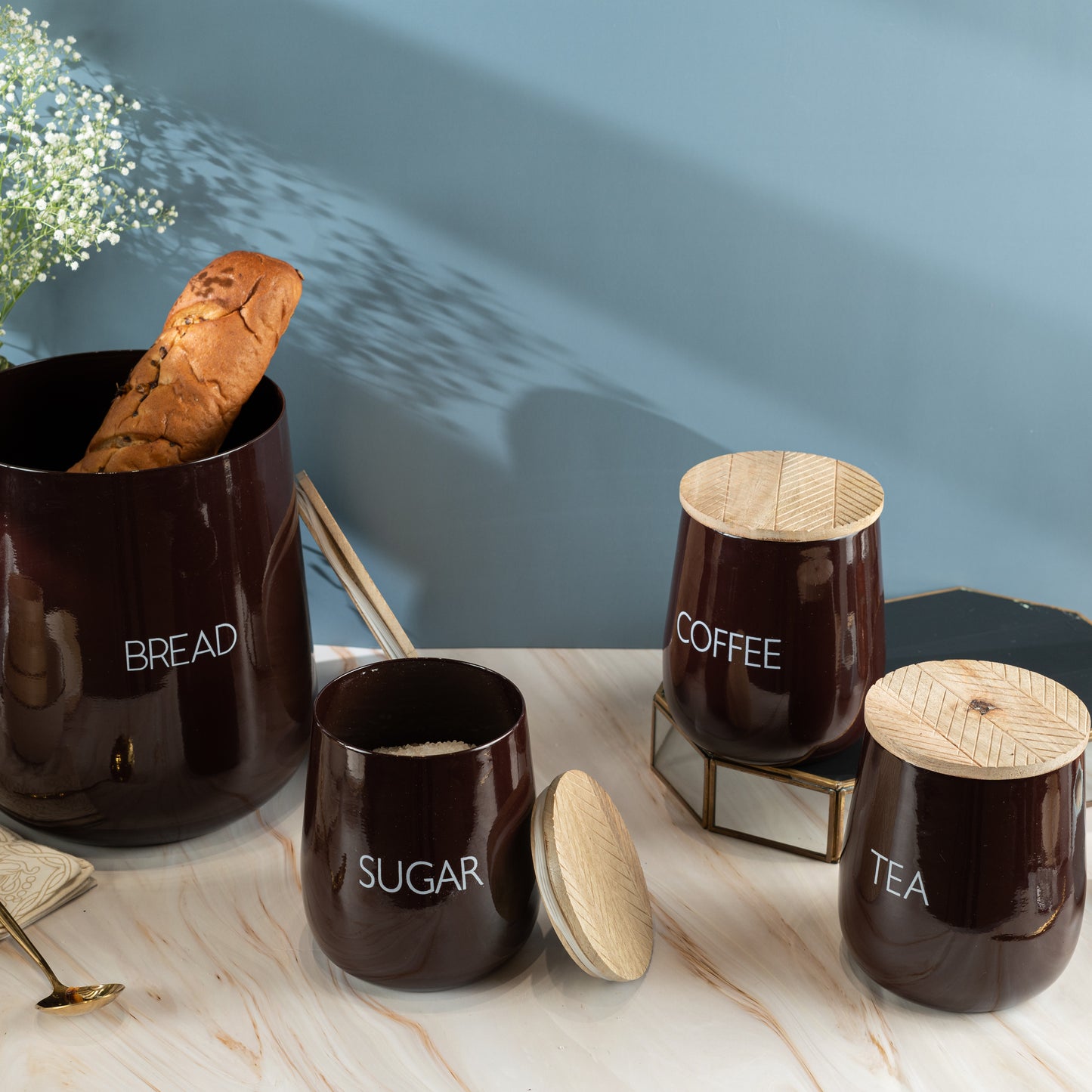Brown Steel Solid And Wooden Canister Set