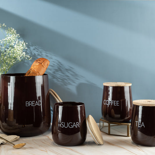 Brown Steel Solid And Wooden Canister Set